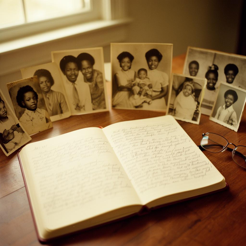 An open handwritten journal surrounded by vintage family photographs