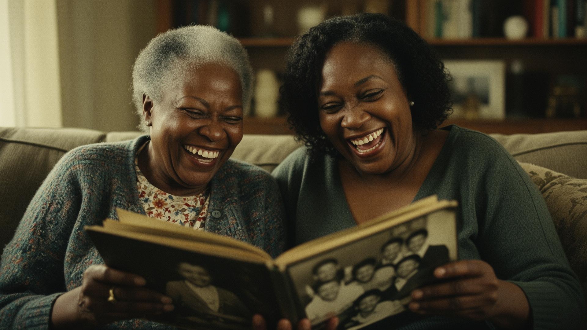 A grandmother and her daughter laughing together over an old family photo album